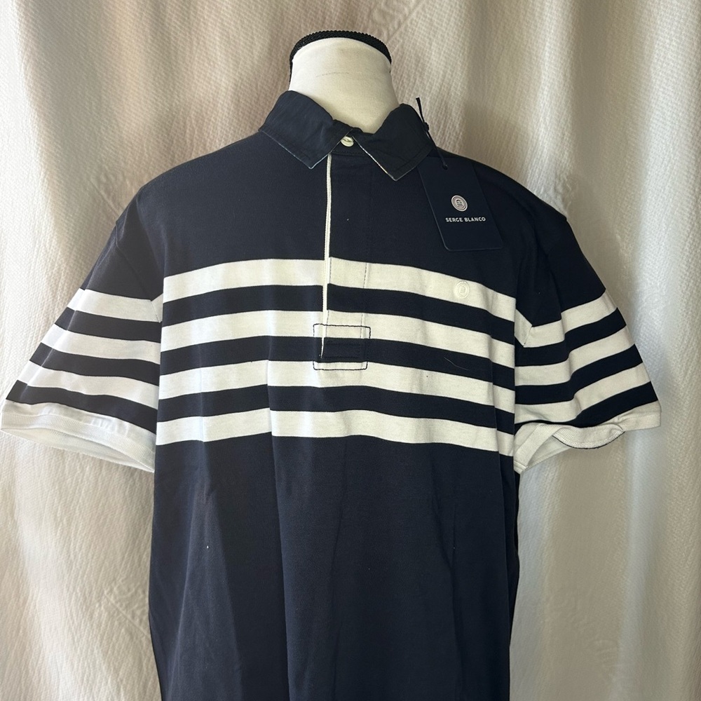 Serge Polo Shirt Blue and White with Bold Stripes
